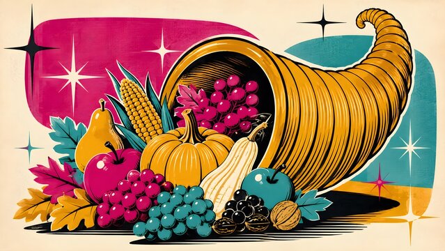 Colorful Mid-Century Cornucopia with Harvest Produce and Retro Starbursts
