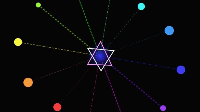 Animated Star of David with Rainbow Circles Moving on Dashed Lines, Isolated on Solid Black Background