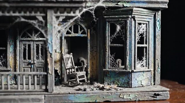Spooky miniature haunted house with cobwebs and peeling paint