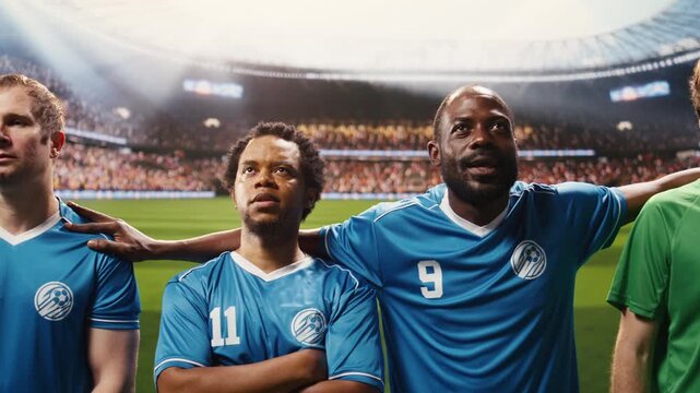 Portrait of diverse football players in blue jersey listening to national anthem during pre-match ceremony, match day opening on pitch with team in lineup, for pre match ceremony and team identity.
