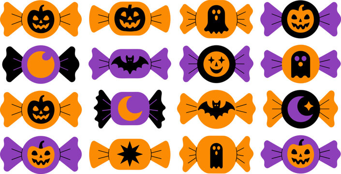 Spooky halloween vector candy collection jack o' lanterns ghosts bats sweet treats for festive designs