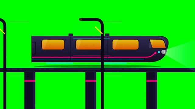 Modern Subway Train Moving on Elevated Track Animation.. 4k SVG Loop Animation