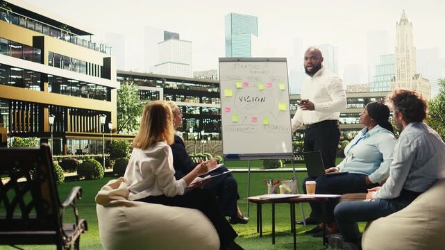 Business colleagues discussing action plan for metrics and business planning and with strategy notes business planning and with analytics and performance data.