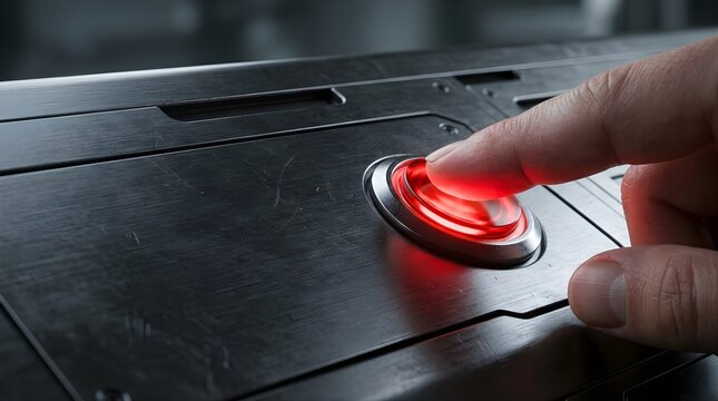 Human finger pressing a glowing red circular button on a metal panel