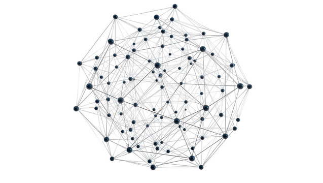 Isolated intricate abstract data network with interconnected dark blue spheres and digital lines.