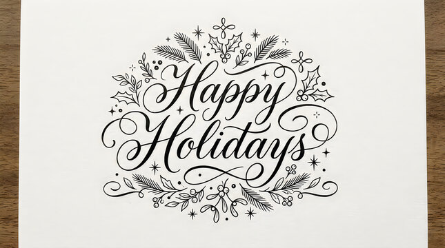 Elegant happy holidays hand lettered calligraphy design with floral winter elements holidays calligraphy