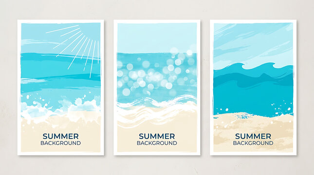 Three summer beach posters. Tropical ocean waves and sandy shore wall art set.