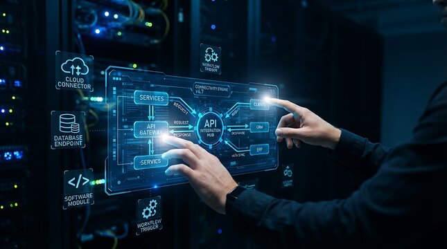Technology professional interacting with holographic API integration icon showing connected system interfaces for enterprise software integration and digital data exchange management.