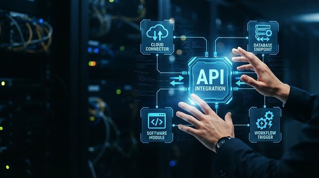 Technology professional interacting with holographic API integration icon showing connected system interfaces for enterprise software integration and digital data exchange management.