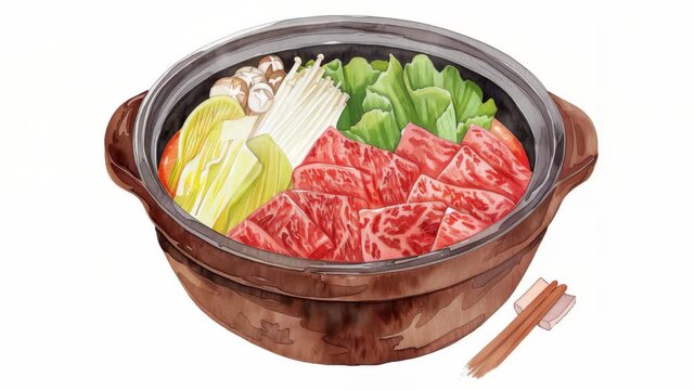 Japanese Hot Pot Dish: A delicious and healthy Japanese hot pot, brimming with fresh vegetables, succulent meat slices, and savory broth, perfect for a warming meal.