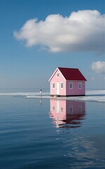 Fototapeta premium Pink house floats on water, reflecting sky and clouds under blue heavens.