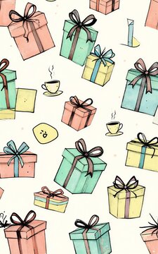 Colorful gift boxes with bows, cups, and a cigar in a cheerful pattern.