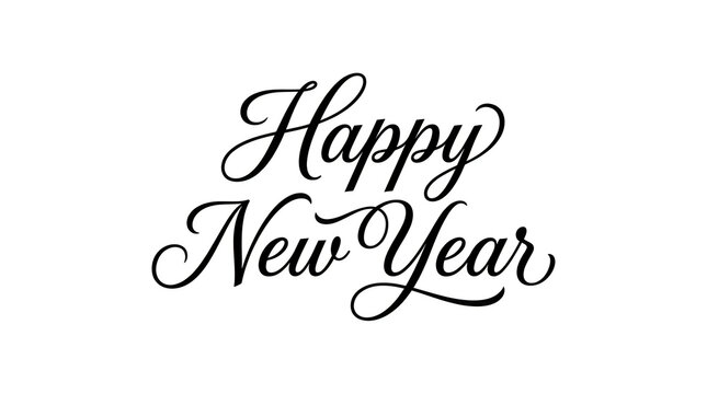 Black cursive happy new year calligraphy lettering isolated on white background with calligraphy, lettering