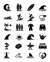 Obraz premium Diverse Collection of Surfing and Beach Related Icons for Design and Sports Enthusiasts
