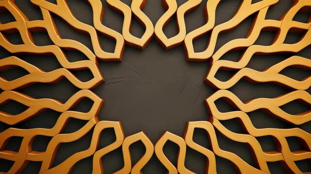 Golden Islamic Geometric Pattern: An intricate golden Islamic geometric pattern adorns a dark background, creating a mesmerizing display of symmetry and cultural artistry, hinting at divine creation.