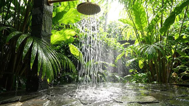 Luxury outdoor shower with water falling in a lush tropical garden surrounded by green palm leaves and sunlight, static shot