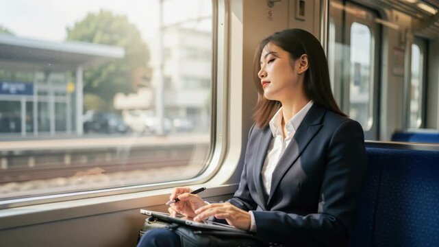 A thoughtful business woman commutes by train, reviewing notes while gazing out the window.
