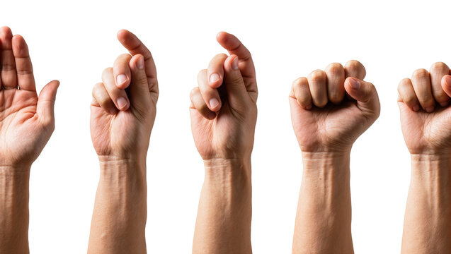 Isolated diverse human hands showing counting gestures and American Sign Language letter A symbol