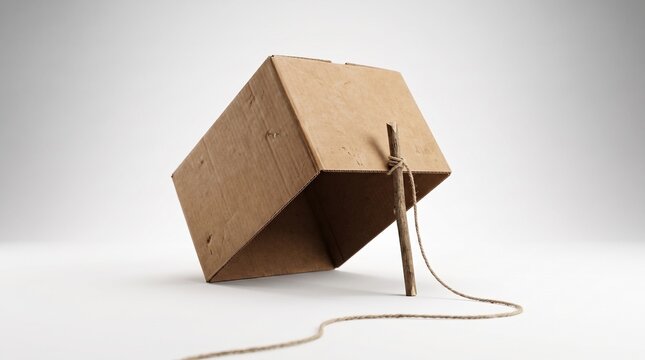 Cardboard box animal trap setup with bait. DIY pest control solution for rodents and small pests.