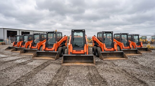 Row of orange skid steer loaders parked on construction site. Compact heavy machinery lineup ready for earthmoving and landscaping tasks.