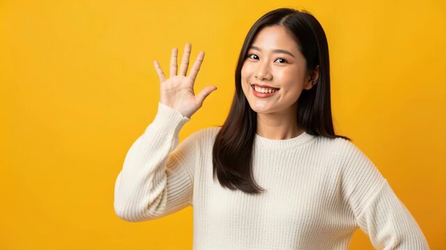 Hello and Welcome: A cheerful young Asian woman with long, dark hair and a friendly smile waves her hand, inviting viewers to engage. Her white sweater stands out against a vibrant yellow background.