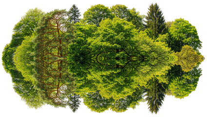 Isolated group of diverse green trees and pine forest reflected, vibrant spring foliage © David