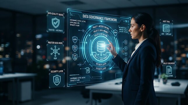 Business professional interacting with holographic data governance icon for enterprise data management compliance and structured master data quality management solutions.