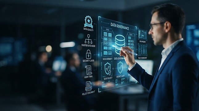Business professional interacting with holographic data governance icon for enterprise data management compliance and structured master data quality management solutions.