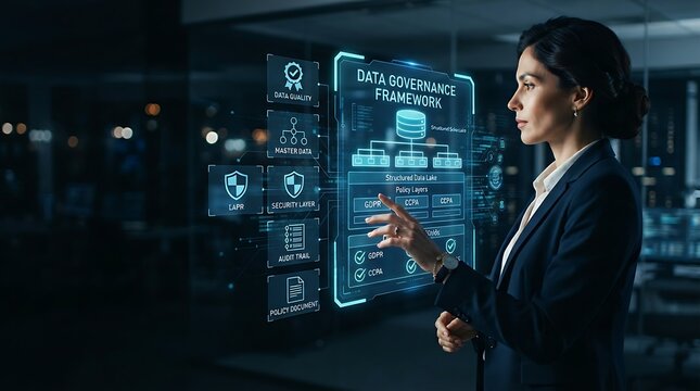 Business professional interacting with holographic data governance icon for enterprise data management compliance and structured master data quality management solutions.