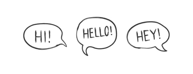 Three different doodle style speech bubbles with common greetings hi, hello, and hey in black line art, isolated on white background. Scribble text box © Fountain