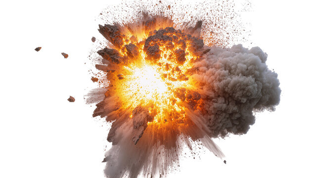 Isolated powerful explosion with fiery blast, massive dark smoke cloud, and scattered debris