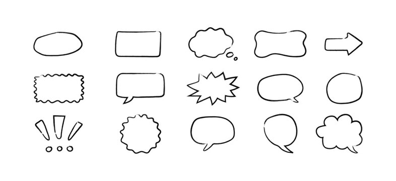 Set of various hand-drawn speech bubbles, thought bubbles, and communication shapes, including different styles and sizes, ideal for comic strip designs. Scribble text box