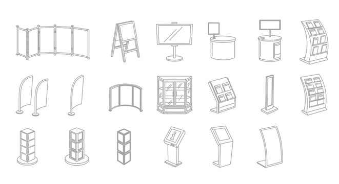 Collection of simple line sketches of chairs and display furniture in minimal style.