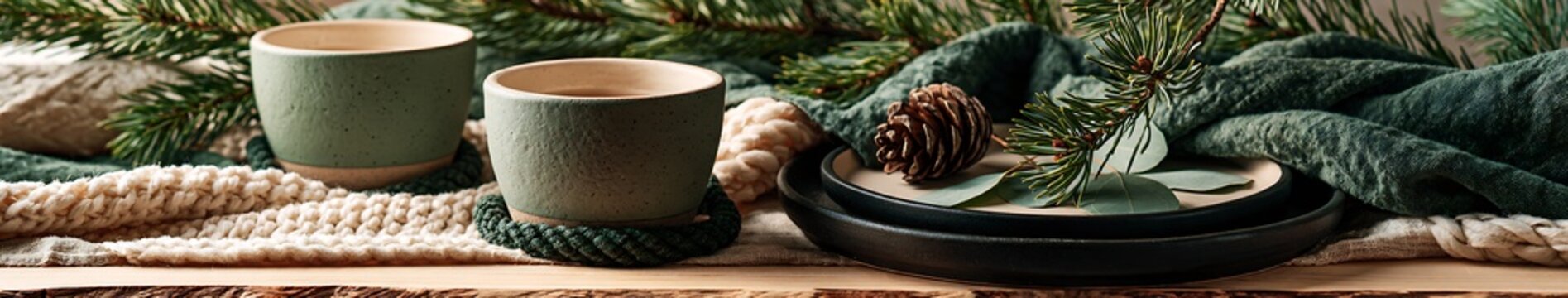 Cozy winter table vignette with green ceramic cups, pine branches, pine cone and natural textures