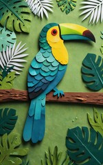Obraz premium Vibrant toucan perched on branch, surrounded by lush tropical leaves in paper art style.