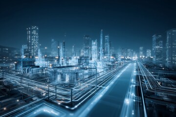 Obraz premium Futuristic cityscape with glowing digital network connections.