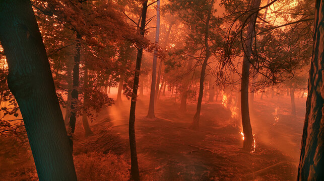 Forest fire raging through a dense forest with intense smoke and flames