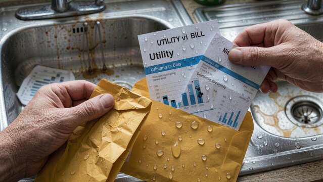Hands hold wet utility bill from mailbox, sink stains in background.