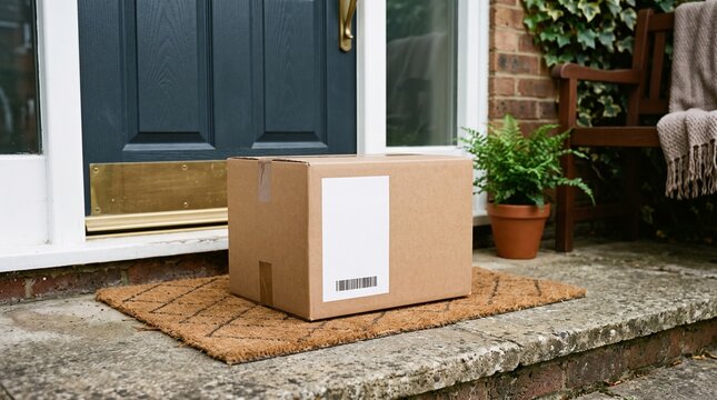 Cardboard delivery box left on front porch doorstep