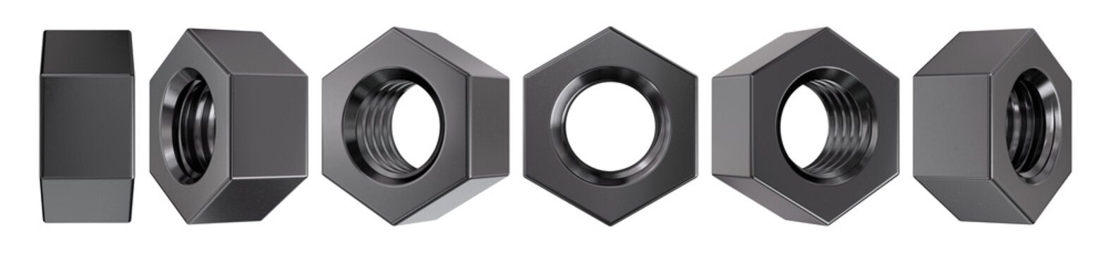 A 3D rendered collection of matte black metal hex nuts from various angles Isolated elements for industrial hardware and construction design.