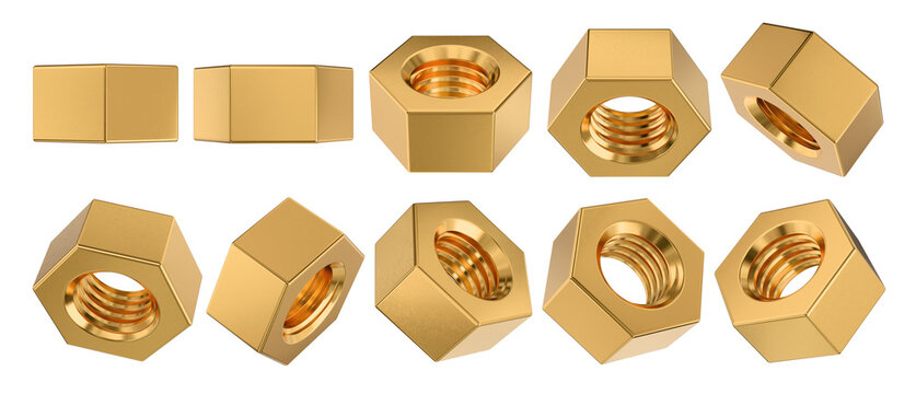 Isolated Gold Hex Nuts in Multiple Angles. 3D rendered set for industrial design.