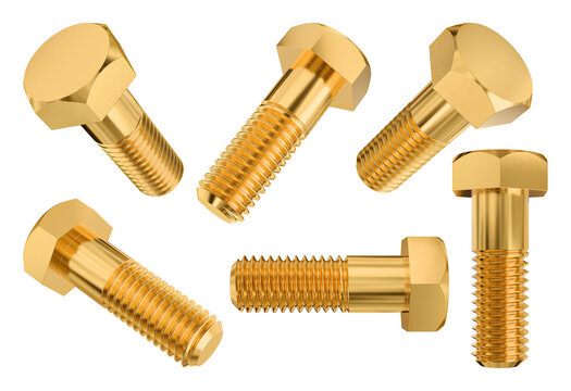 Gold Hex Bolts in Multiple Angles. Isolated 3D Render.