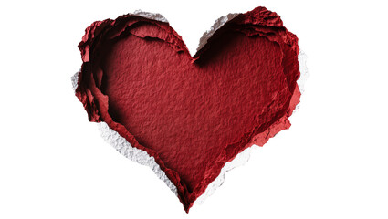 Isolated torn red paper heart shape, textured surface, grunge effect, love and passion concept