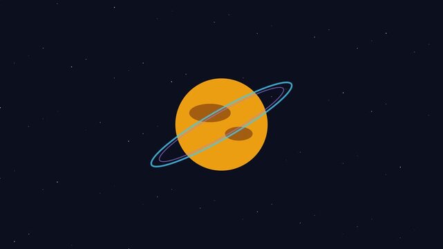Animated rotating planet with orbital rings in deep space: minimalist flat motion animation 4k