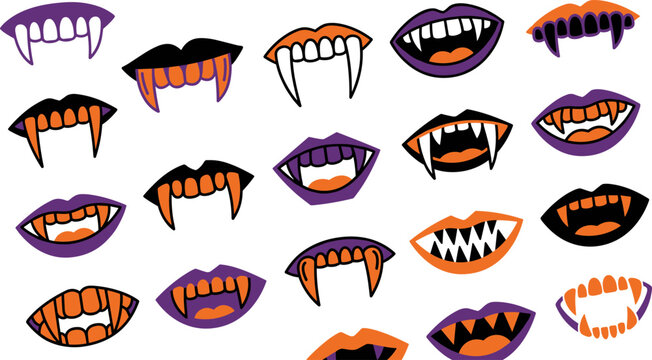 Spooky halloween vector collection diverse vampire mouths fangs for creepy designs