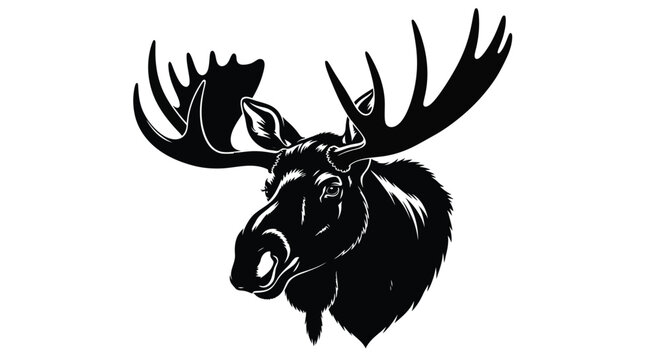 Black and white illustration of a moose head with large antlers facing forward