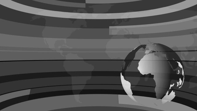 Professional abstract global news studio background featuring a rotating blue Earth globe, curved broadcast panels, and a modern world map backdrop. Ideal for TV news intros, business presentations.