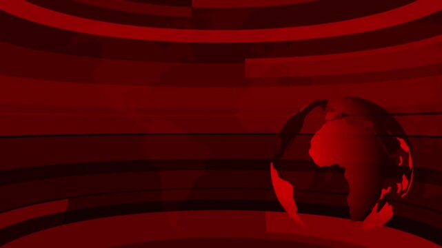 Professional abstract global news studio background featuring a rotating blue Earth globe, curved broadcast panels, and a modern world map backdrop. Ideal for TV news intros, business presentations.