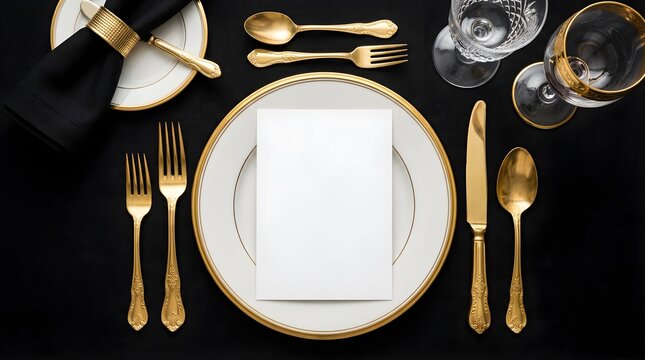 Elegant table setting with blank menu card for formal dinner event