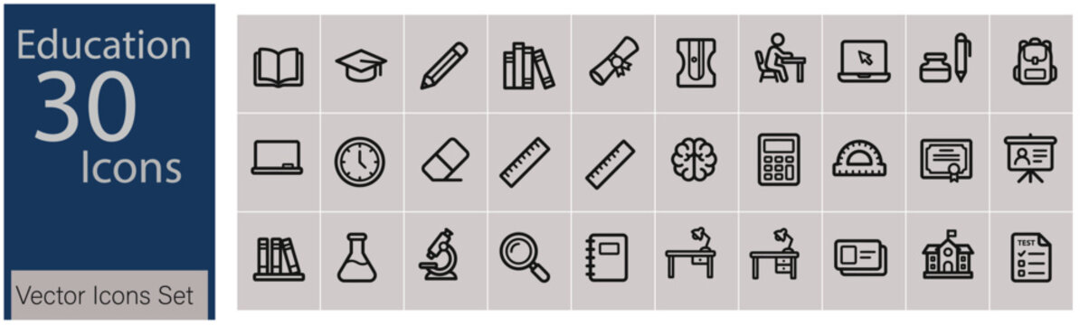 Education icon set 30 vector graphics for learning and school materials